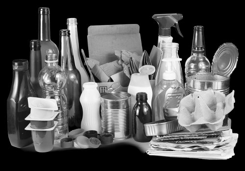 A large collection of various discarded household items including multiple glass bottles of different shapes and sizes, some with narrow necks and others with wider bases, all appearing transparent. There are also plastic containers, bottles with spray nozzles, and a few metallic tins among the clutter. On the right side, crumpled paper and newspapers are stacked, with some loose sheets spilling over onto the surface. In the background, a cardboard box is partially visible, containing additional waste or packaging materials. The items are arranged haphazardly, suggesting a cluttered setting that might be seen during an office or domestic clearance, typical of rubbish removal services in areas such as St Johns Wood. The surface beneath is flat, possibly a table or the pavement outside a property, with the scene overall indicating waste collection or clearing activity, consistent with the services provided by Office Clearance St Johns Wood.